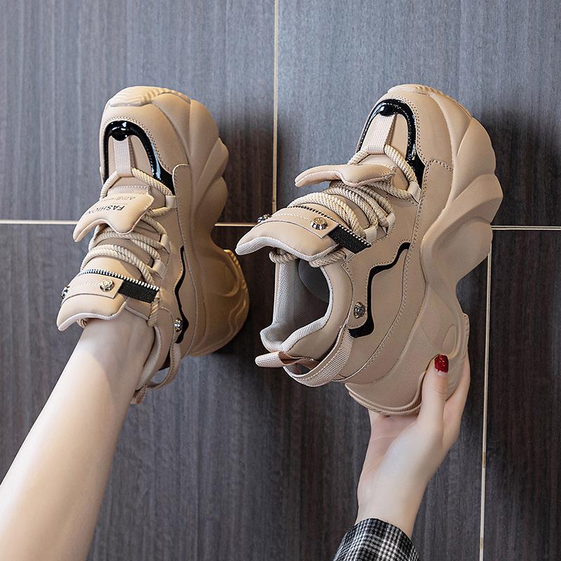 Womens White Black High Top Platform Chunky Sneakers Hidden Heel Lift Zipper Detail Casual Dad Shoes For Daily Wear New Autumn