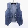 2023 Spring/Autumn Women's Beaded Denim Vest with Large Pockets - Korean Style Sleeveless Shrug Outerwear