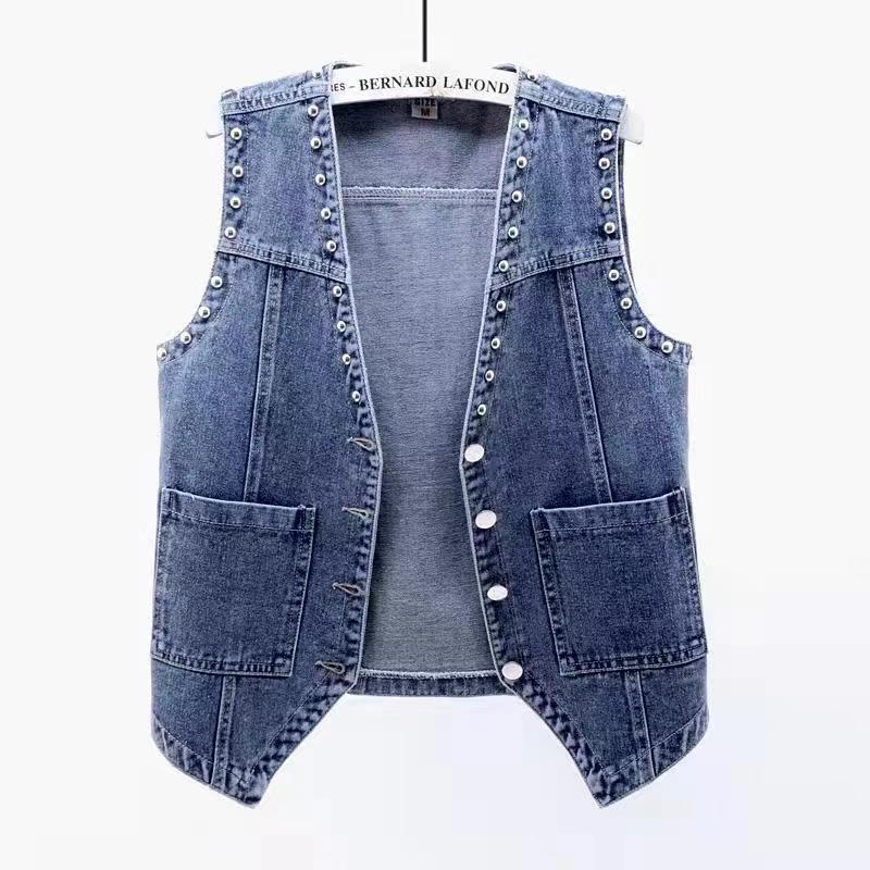 2023 Spring/Autumn Women's Beaded Denim Vest with Large Pockets - Korean Style Sleeveless Shrug Outerwear