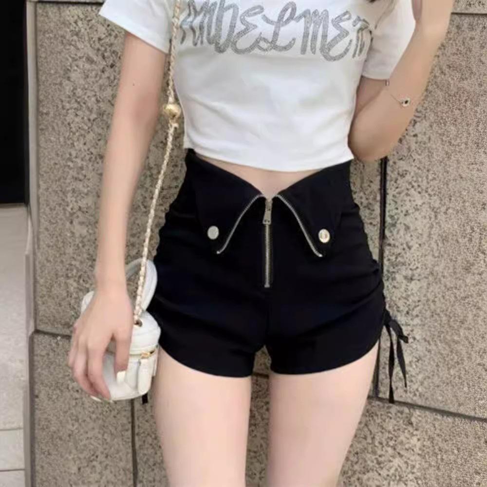 

Women s Black Drawstring Waist Shorts - Trendy Petite Fit, Super Short, Letter Design for Summer M чорний