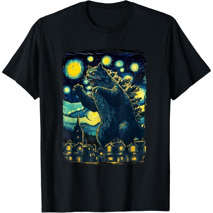 Котзилла Страшная Ночь в стиле Ван Гога - Забавная футболка с котенком и кошкой S разноцветный
