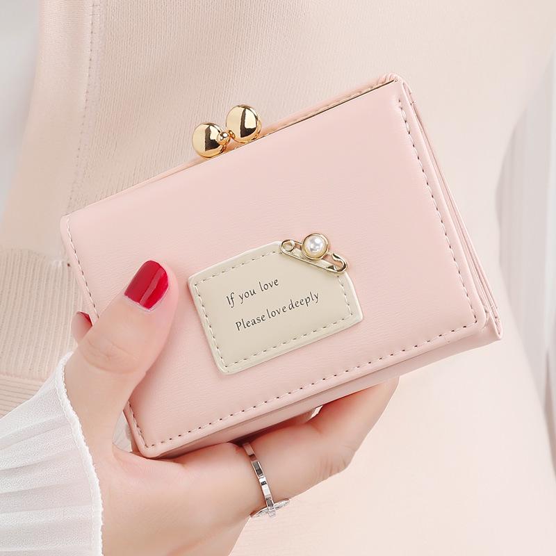 Fashion Cute Pearl Wallet Simple PU Leather Hasp Three Fold Coin Purse Card Holder For Women Girl Student Slim Coin Pocket