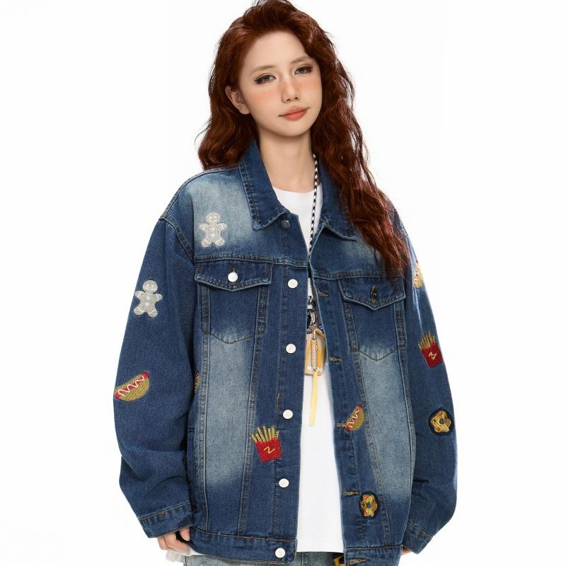 American Retro Embroidered Denim Jacket with Distressed Finish and Lapel, Unisex Street Style.