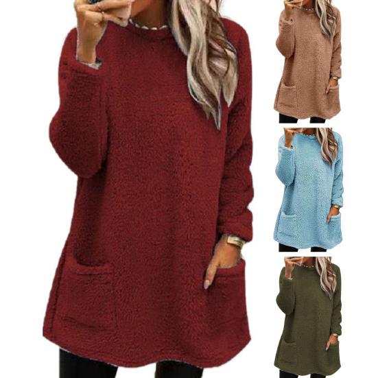 Lady Winter Sweatshirt with Dual Pockets Pure Color Plush Round Neck Loose Mid Length Pullover Top Casual Office Party Workout Sweatshirt