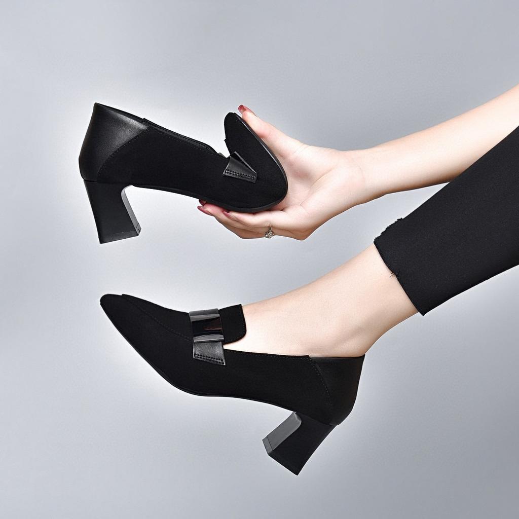 Pointed High Heels Women's Shoes Autumn New Sheepskin Square Buckle Thick Heel Single Shoes Fashion Shoes Four Seasons Shoes Work Shoes