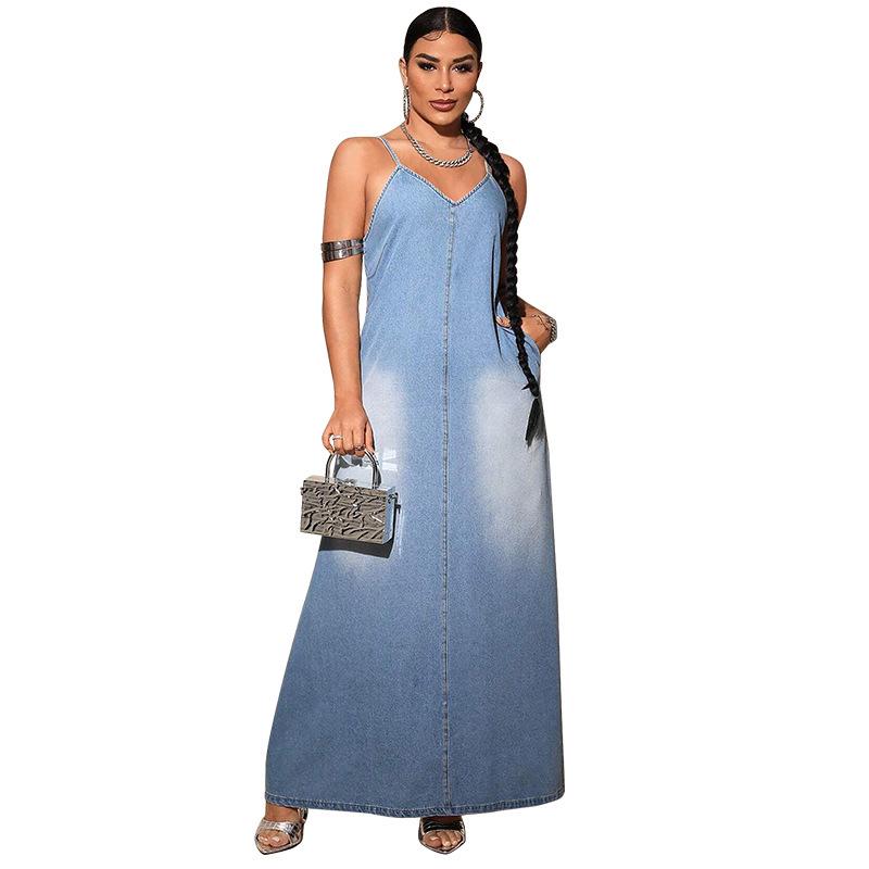 Plus Size Women s Denim Strappy Long Dress 5XL светло-синий