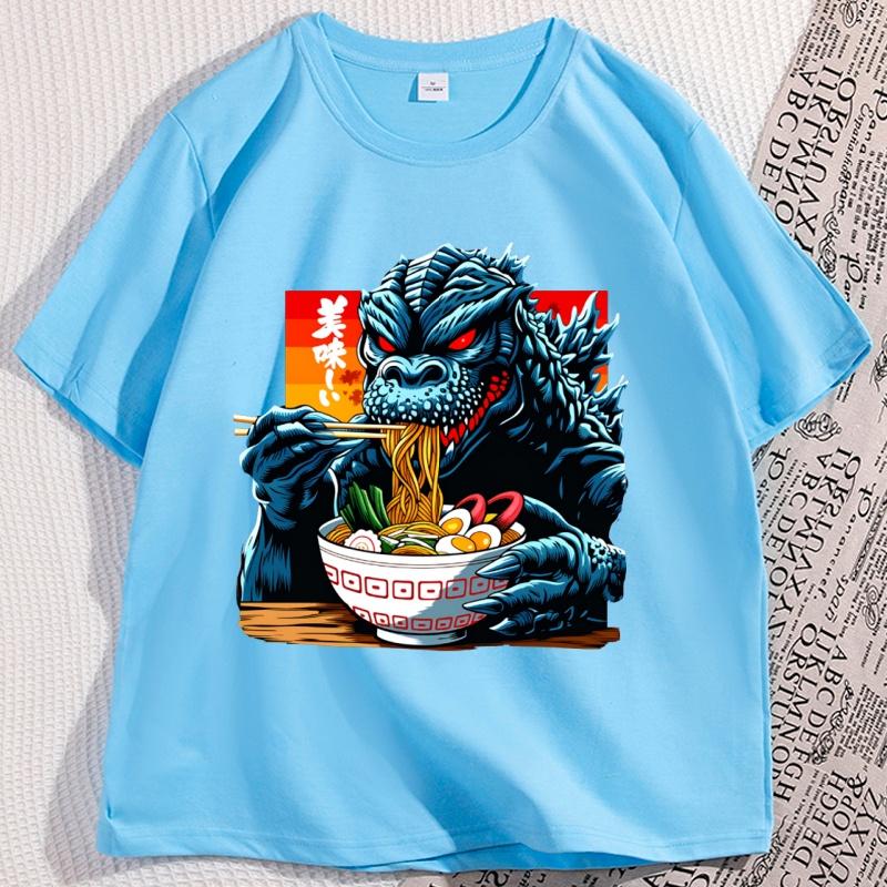 Funny Kaiju Eating Ramen Tshirt Japanese Monster Noodle Design T Shirt Anime Food Printed Tshirt Men Women Short Sleeve Tees