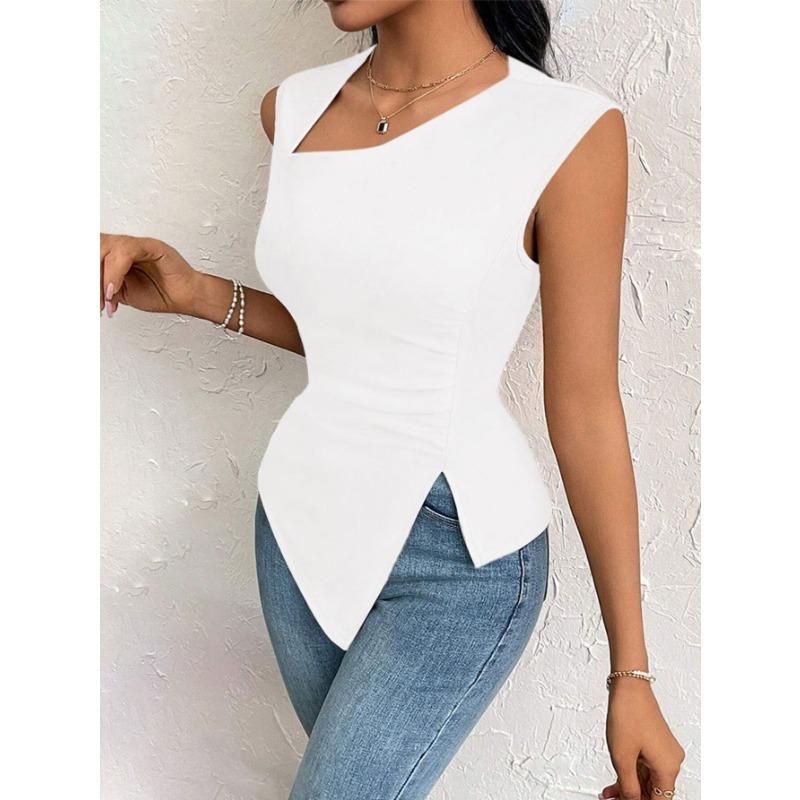 Dámské elegantní tričko Jaro a léto Nový šikmý výstřih Úzké Krátké Jednobarevné Top