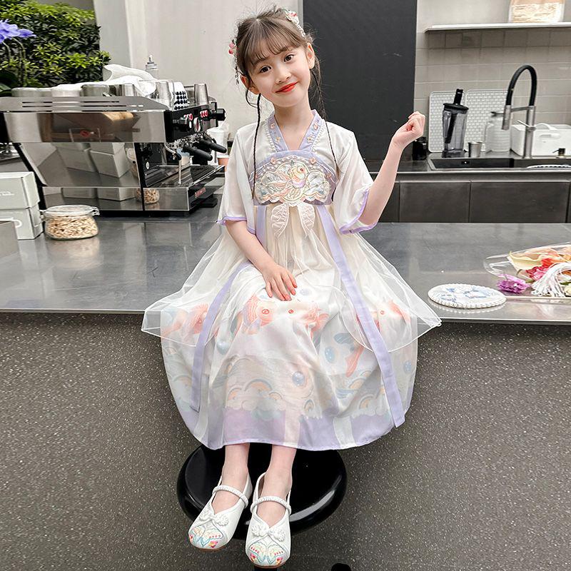 Flickornas Hanfu Sommar Tang-dräkt Prinsessklänning - Kortärmad Forntida Kinesisk Stil Älvkostym