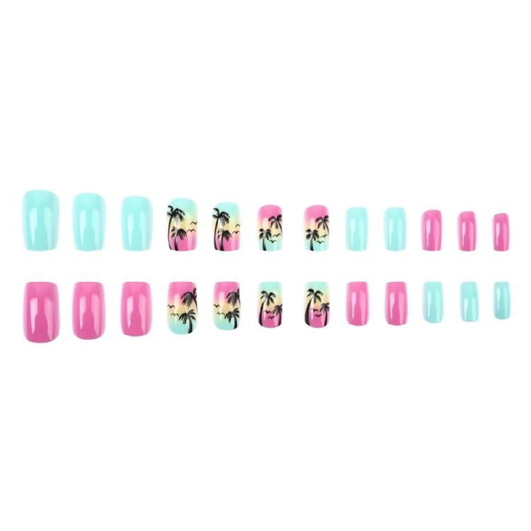 24 Pcs Coconut Tree Stick on Nail Gradient Artificial Nail Short Square False Nail Glossy Press On Nail for Woman Girls