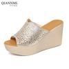 Qiannml Quality Women's Slippers Platform Shoes Summer 2025 Rhinestone Slippers Ladies Wedge Heels Slides Women Silver 32 33 43