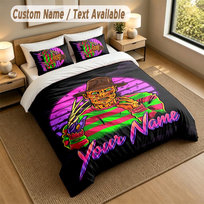 3Pcs Bedding Set Custom Name Text, 1 Sheet 2 Pillowcases Home Bed DecorA Nightmare On Elm Street Freddy Krueger