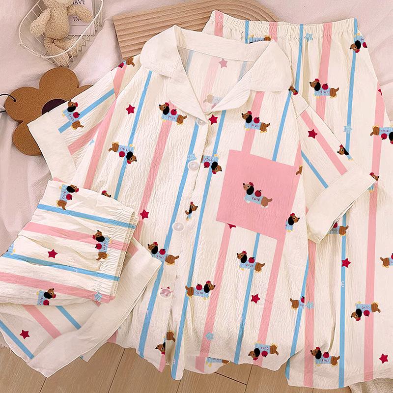 Homewear Cloud Cotton Frühling und Sommer Pyjama Damen Kurzarm Hose Cartoon Welpe Mädchen Dreiteiler