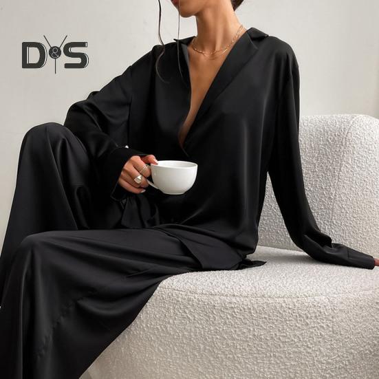 2 Pcs/Set Women Shirt Pants Set Homewear Suit Loose Lapel Long Sleeve Loose Solid Color Single-breasted Wide Leg Straight Soft Lady Spring Fall