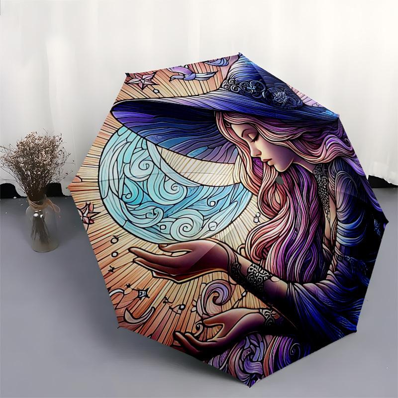 1pc Starry Night Witch Umbrella: Automatic Opening/Closing, Foldable Design, 8-Bone Frame, Outdoor Use, Festival Gift, Suitable for Fans, Travel, Dail