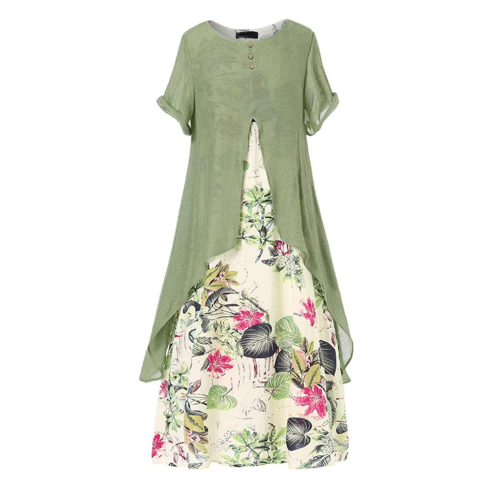 Women Boho Cotton Linen Dress Vintage Elegant Vestido Floral Baggy Short Sleeve Tunic Dress Summer Loose Sundress 5XL M зелёный