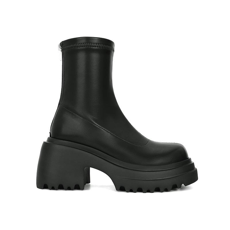 Beinfeine Stiefel Fleece Dicksohlig Reißverschluss hinten Bein Elastisch Kurze Stiefel Damen Martin Dünne Stiefel