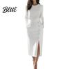 Commuting Dress Women Solid Color Midi Dress Slim Fit Autumn with Side Slit O-Neck Long Sleeve Metal Buttons Decor Formal Evening