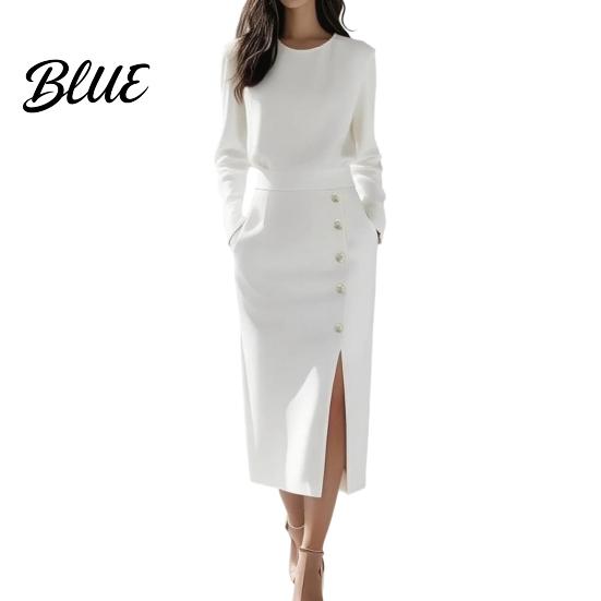 Commuting Dress Women Solid Color Midi Dress Slim Fit Autumn with Side Slit O-Neck Long Sleeve Metal Buttons Decor Formal Evening