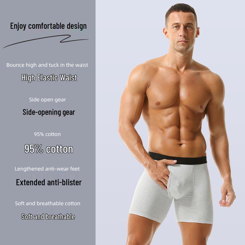Men's Breathable Cotton Mid-High Waist Boxer Briefs with Side Opening and Anti-Chafing Design for Teens - European and American Style