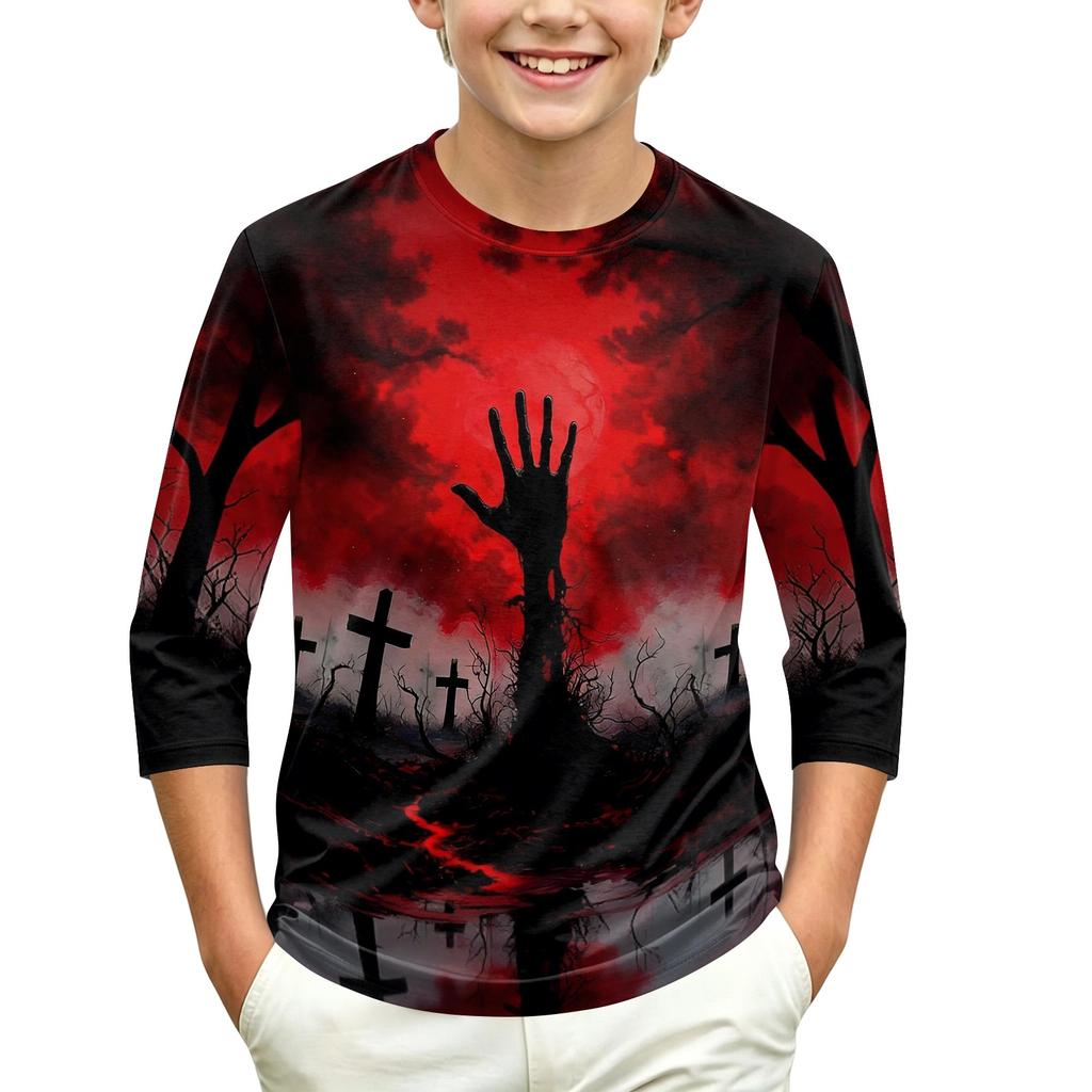 Children's Halloween Print Round Neck Three-Quarter Sleeve Top for Casual Everyday Wear