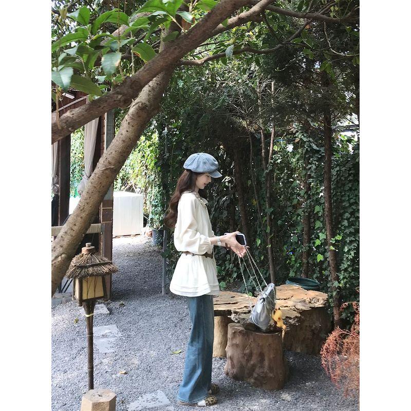 Kumikumi Sweet Style Wooden Ear Lace-up Long Sleeve Shirts Women Clothes Autumn Age-Reducing Chic Loose All-Match Top