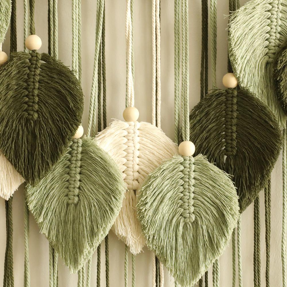 Handmade Cotton Thread Woven Wood Beads Leaf Tapestry Simple Home Bedroom B&B Wall Decoration