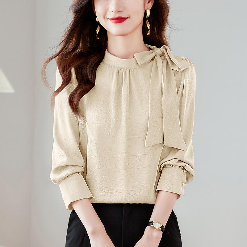 

Korean Top for Women s Red Acetate Satin Shirt for Winter New Long-sleeved Bow Shirt 3XL