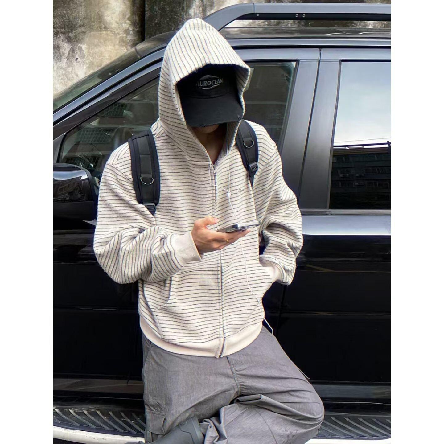 Unisex Retro Striped Hooded Cardigan - Heavyweight Casual Zipper Jacket for Autumn/Winter Medium