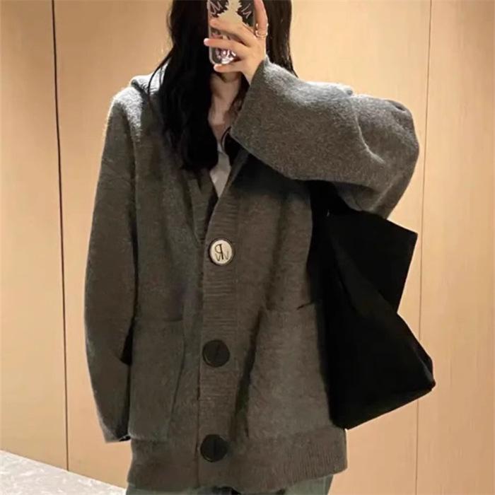 Women's Autumn & Winter Lazy Style Hooded Knit Cardigan - Korean Loose-Fit, High-Class Temperament Sweater Coat