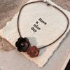 Personality Retro Maillard Black Brown Double Layer Flowers Woven Rope Fine Chain Cortex Choker Necklace for Women Charm Jewelry