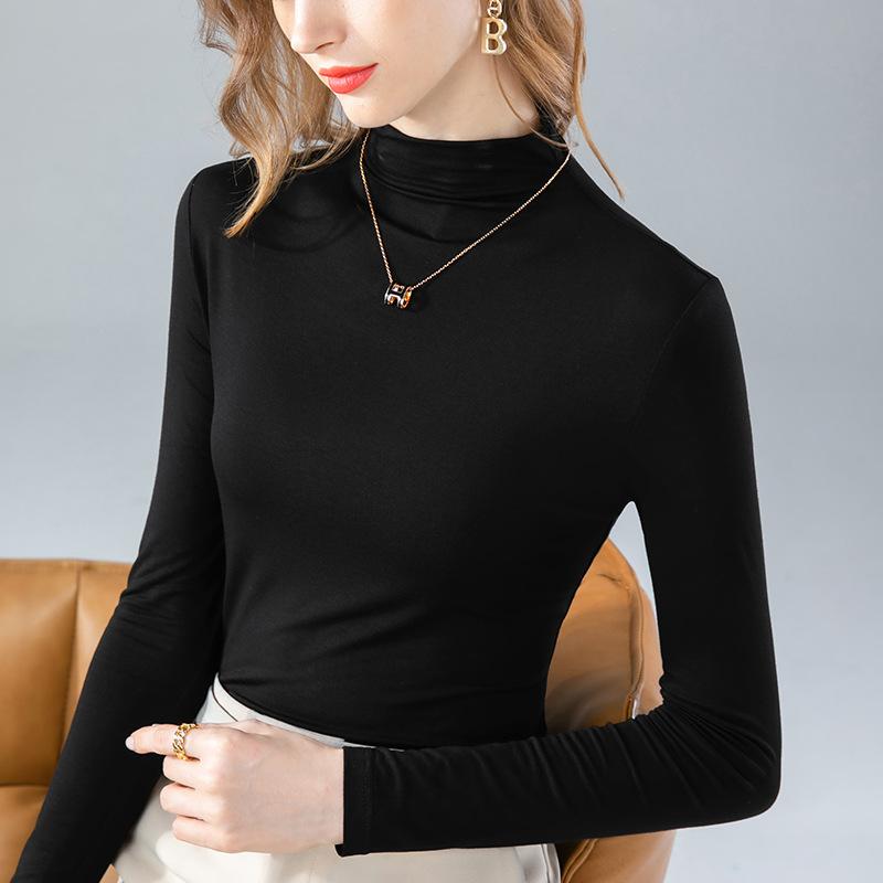 Half High Collar Base Shirt for Women Modal Long Sleeved T-shirt Warm Inner Layer with Thick Velvet Top