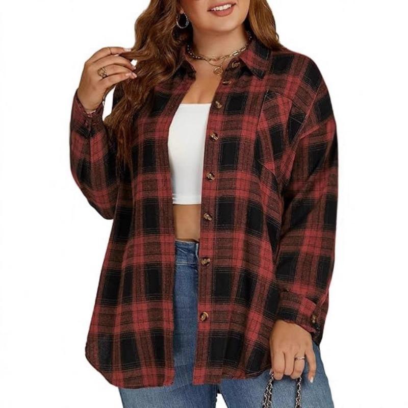 Womens Plus Size Plaid Long Sleeve Button Down Loose Blouse M красный