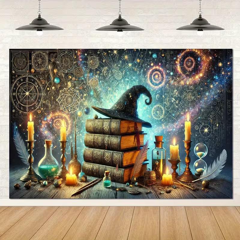 2D Mystical Magic Backdrop, Wizard Hat, Spell Books & Alchemy Symbols Party Background