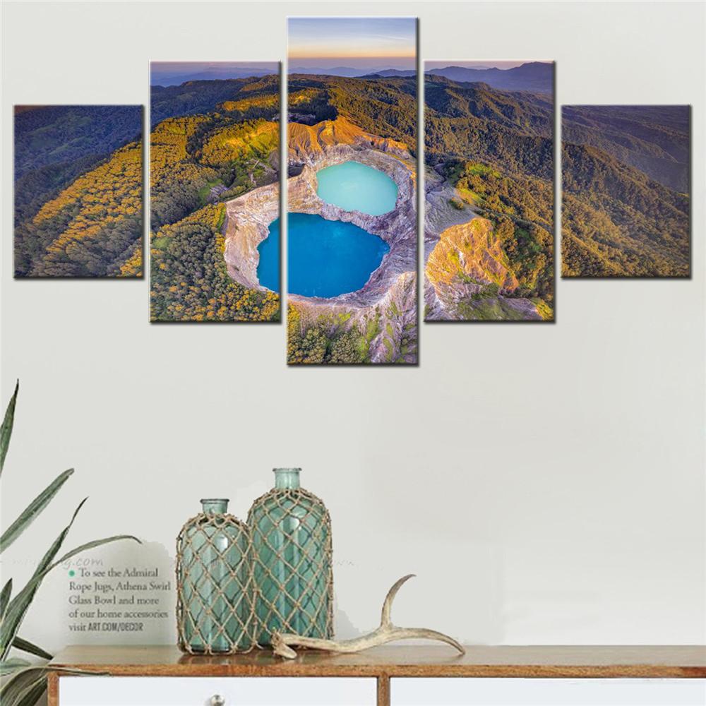 

5 Pieces Canvas Wall Arts Poster Painting Nature Kelimutu Volcanic Crater Lake Wallpaper Interior Home Decor Artwork Picture 20X35 20X45 20X55CM
