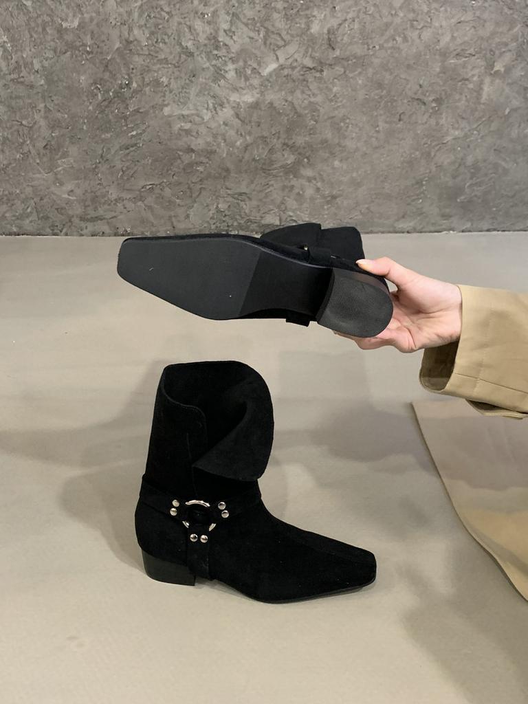 Korean Version of Small Square Head Metal Buckle Thick Heel Short Boots Women's Versatile Fashion Suede Western Boots Medium Boots Short Boots