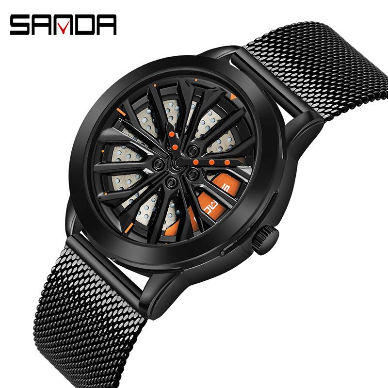 Sanda Men's Creative Wheel Quartz Watch - Trendy Rotating Waterproof Wristwatch