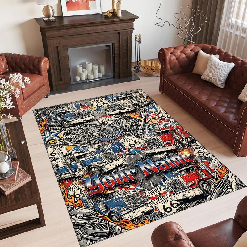 Truck Theme Crystal Velvet Rug Personalized Custom Name Text Soft Floor Mat Home Decor