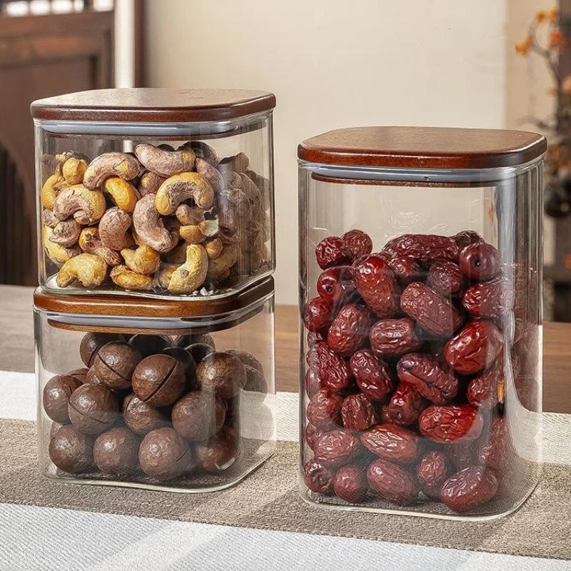 Quality Glass Sealed Canister Kitchen Food Storage Bottles with Walnut wood Lid Jars Grains Tea Leaf Coffee Beans Candy Jar