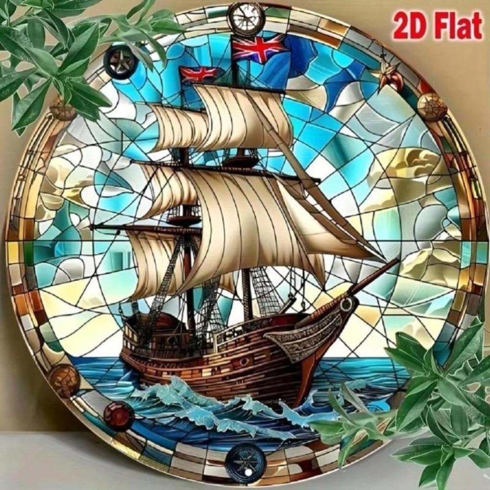 Vintage Pirate Ship Round Metal Wall Art, Stained Glass Effect Aluminum Tin Sign, Tropical Nautical Decor 8x8