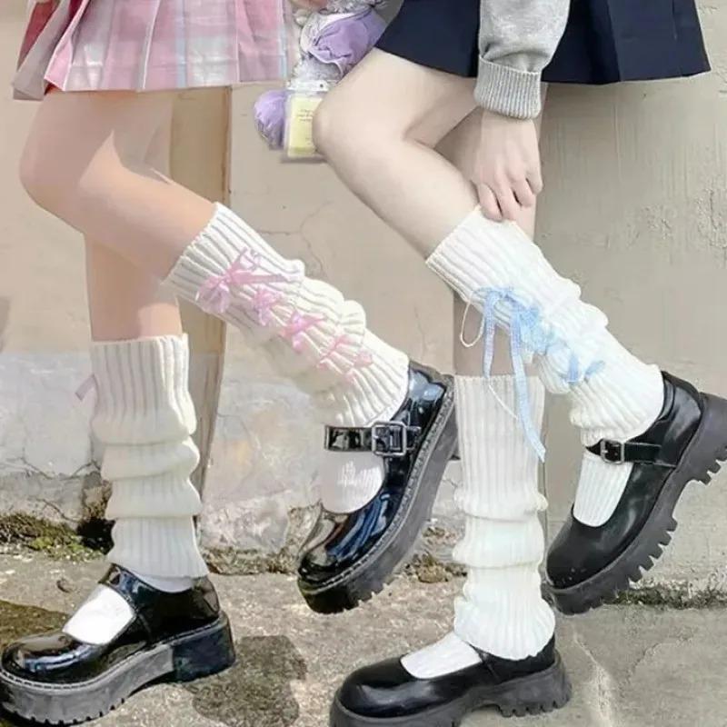 Woman Lolita Leg Warmer Autumn and Winter Ribbon Lolita Black Knee Warmers Long Socks JK Knitted Girl White Leg Warmers Stocking