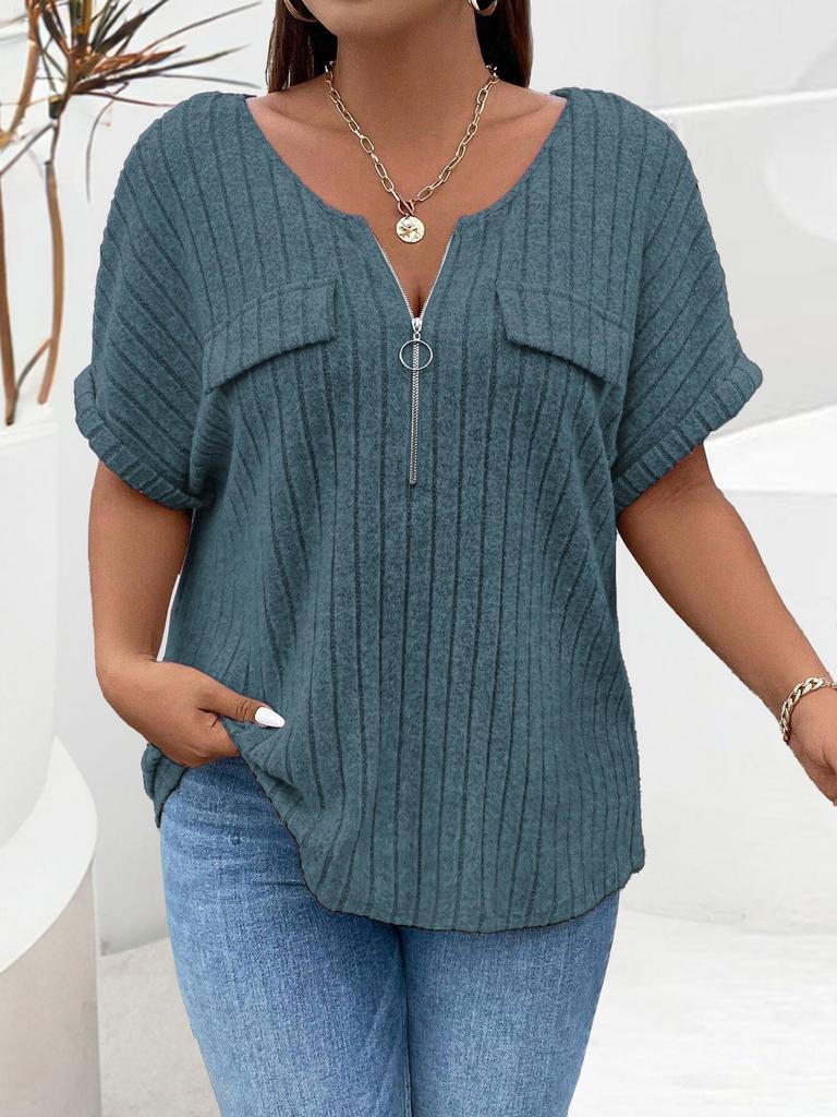 New solid color plus size women's blouse zipper short-sleeved fake pocket pullover T-shirt loose