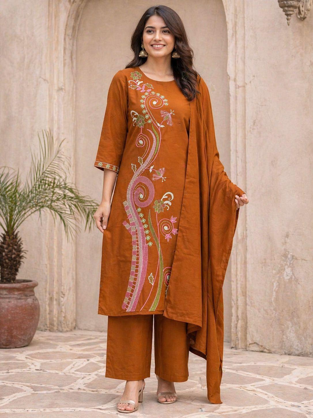 Women Designer Kurta Pant Dupatta Set Indian Bollywood Top Tunic Kurti Salwar Suit M оранжевый