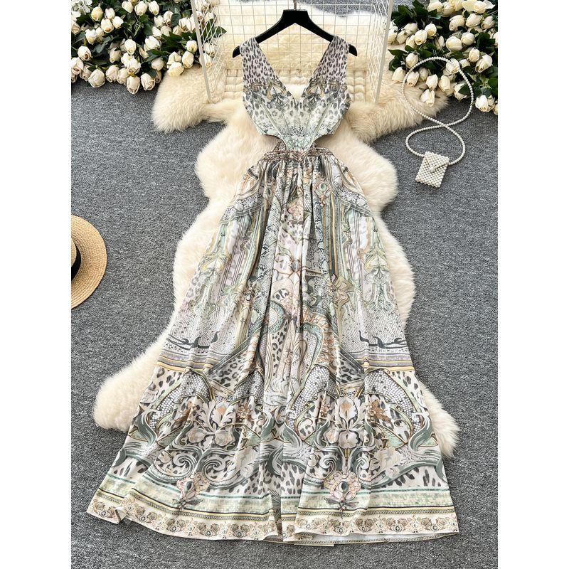 Seaside Holiday Style Dress Women Summer Design Sense Niche Hollow Waist V-neck Sleeveless Print Backless Long Dress
