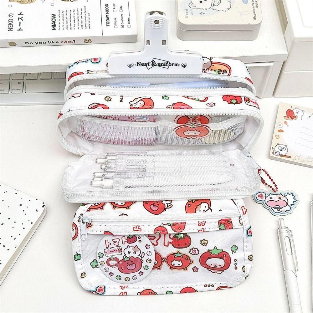 Flip Design Pen Bag Multilayer Large Capacity Stationery Bag Multifunctional Tomato Kitten Pattern Stationery Storing Bag