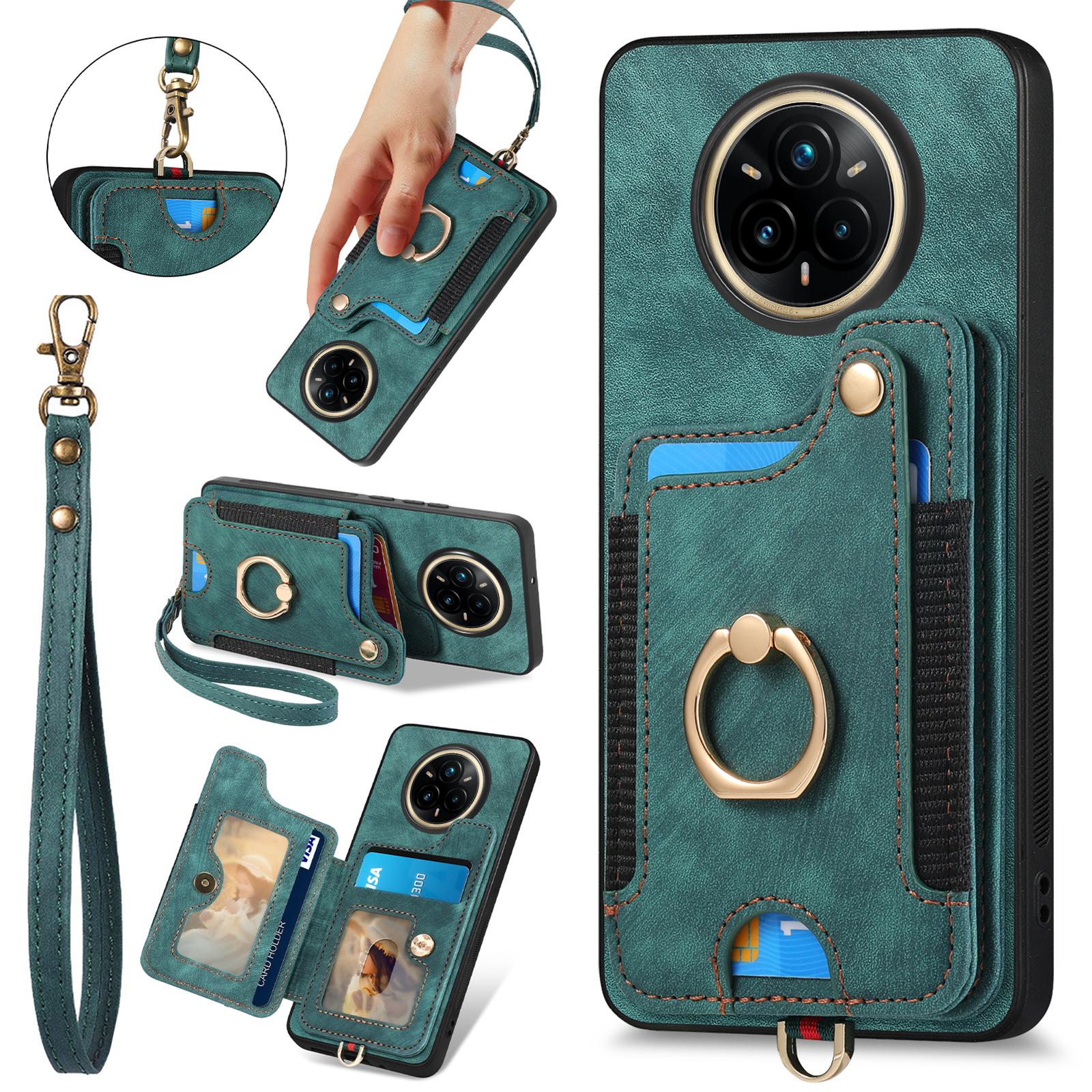 

For Realme 14 Pro 5G Retro PU Leather Back Cover with RFID Blocking Card Holder Green