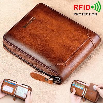Portafoglio in vera pelle da uomo Portafogli con cerniera bifold con blocco RFID Portamonete porta carte di credito multifunzione in pelle bovina con strato superiore