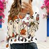 Women Plus Size White V Neck Long Sleeve Eyelet Chain Halloween Ghost Printed Top