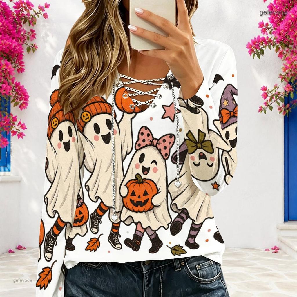 Women Plus Size White V Neck Long Sleeve Eyelet Chain Halloween Ghost Printed Top