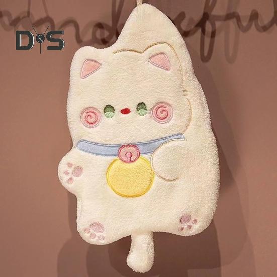 Kitchen Hand Towel Cartoon Cat Shape Highly Water Absorbent Coral Fleece Reusable Bathroom Hanging Towel Home Decoration Face Washing Towel